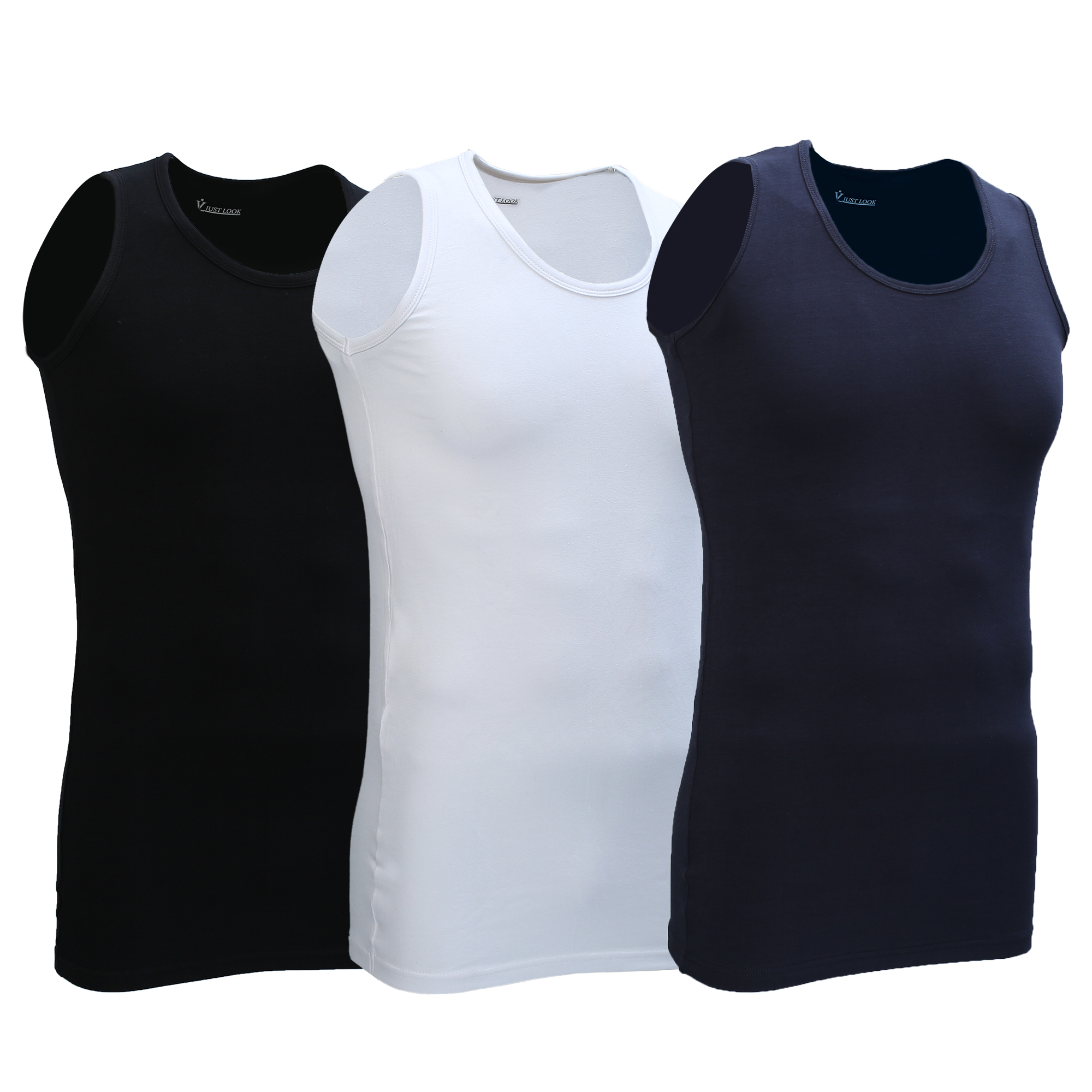 Set of men's sleeveless tank tops in black, white, and navy